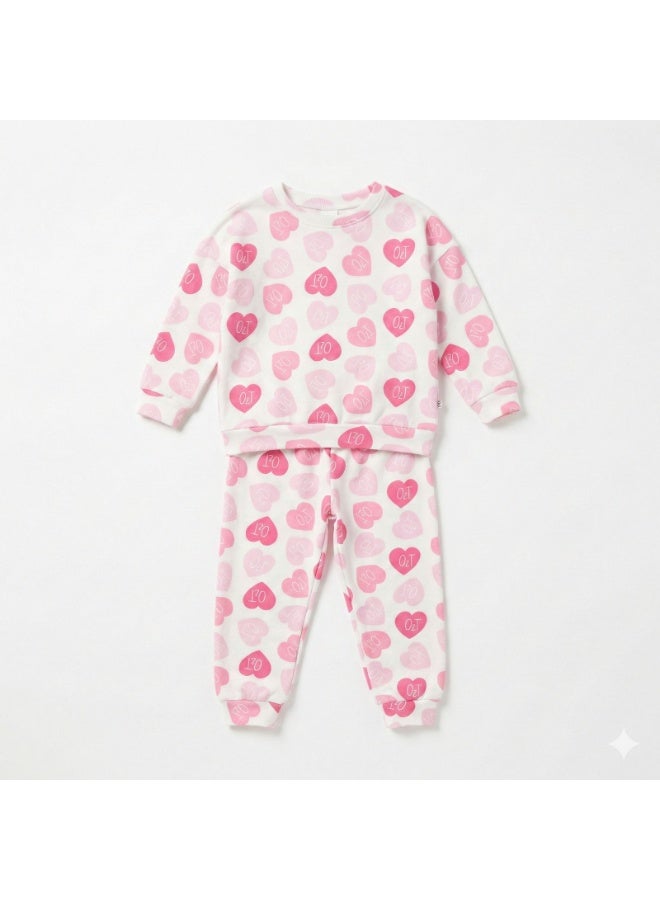 One2twelve Pajamas Set, Pink Heart Print, Long Sleeve Top and Pants,